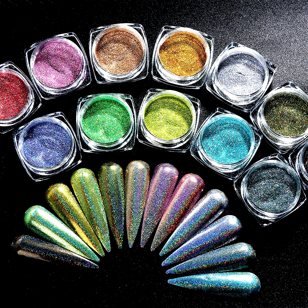 

12 цветов, хромированный набор блестящих пудр для дизайна ногтей, голографический лазерный хамелеон, Радужный неоновый пигмент, сделай сам, маникюр для гелевой блестящей пыли