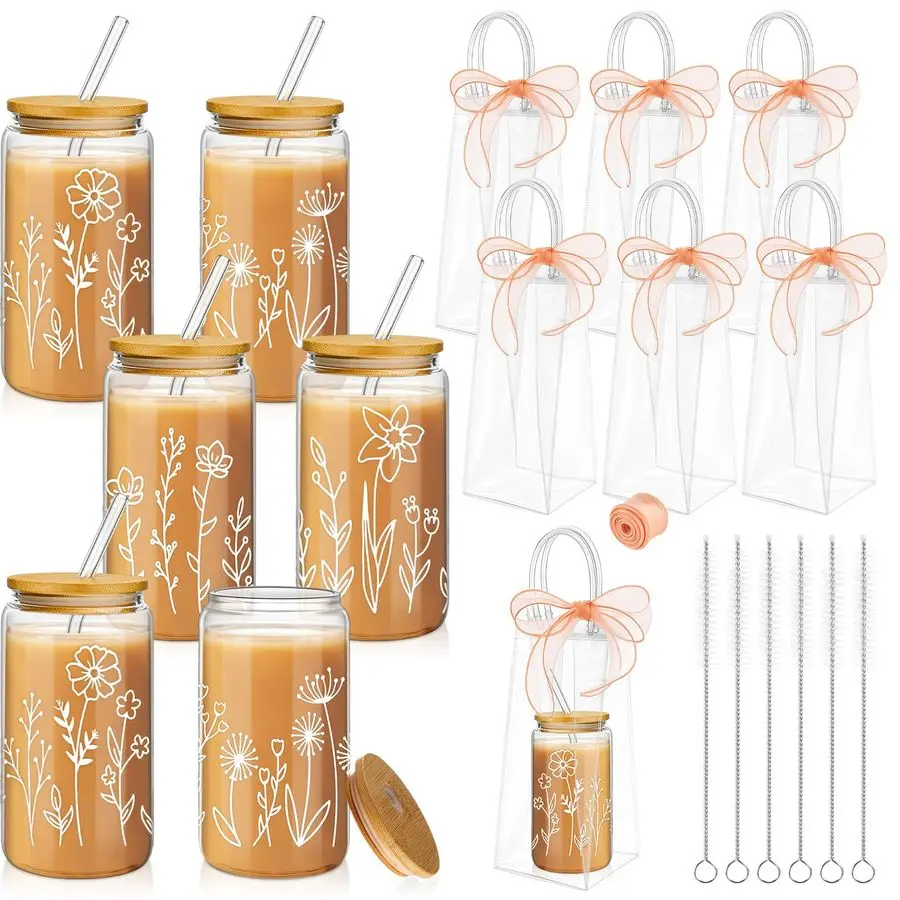 

6 наборов стеклянных стаканов в стиле бохо с цветочным узором, 16 унций, многоразовые, для холодного кофе, эстетичные, милые, с крышками и соломинками, в прозрачной подарочной сумке