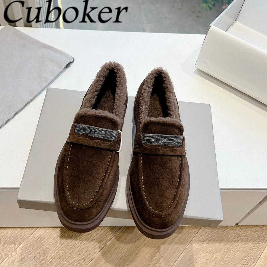 2024 Winter Suede Wool Lining Flat Shoes Women Round Toe Thick Sole Slip On Lazy Loafers Female Comfort Warm Fur Boots Mujer