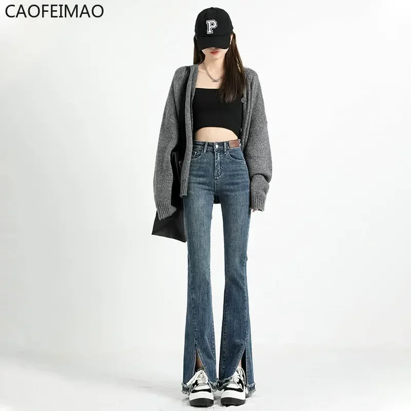 

Caofeimao Slit Micro Jeans Female Spring and Autumn 2023 New Design Sense Retro Raw Edge High Waist Show Thin Horseshoe Pants