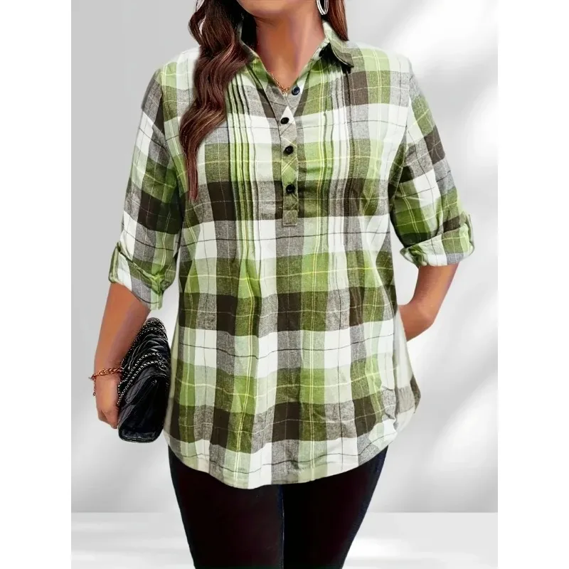 

Plus Size 1XL-5XL Women's Casual Lapel Shirt Button Plaid Print Shirt Top Simple Loose Pleated Design Long Sleeved Shirt