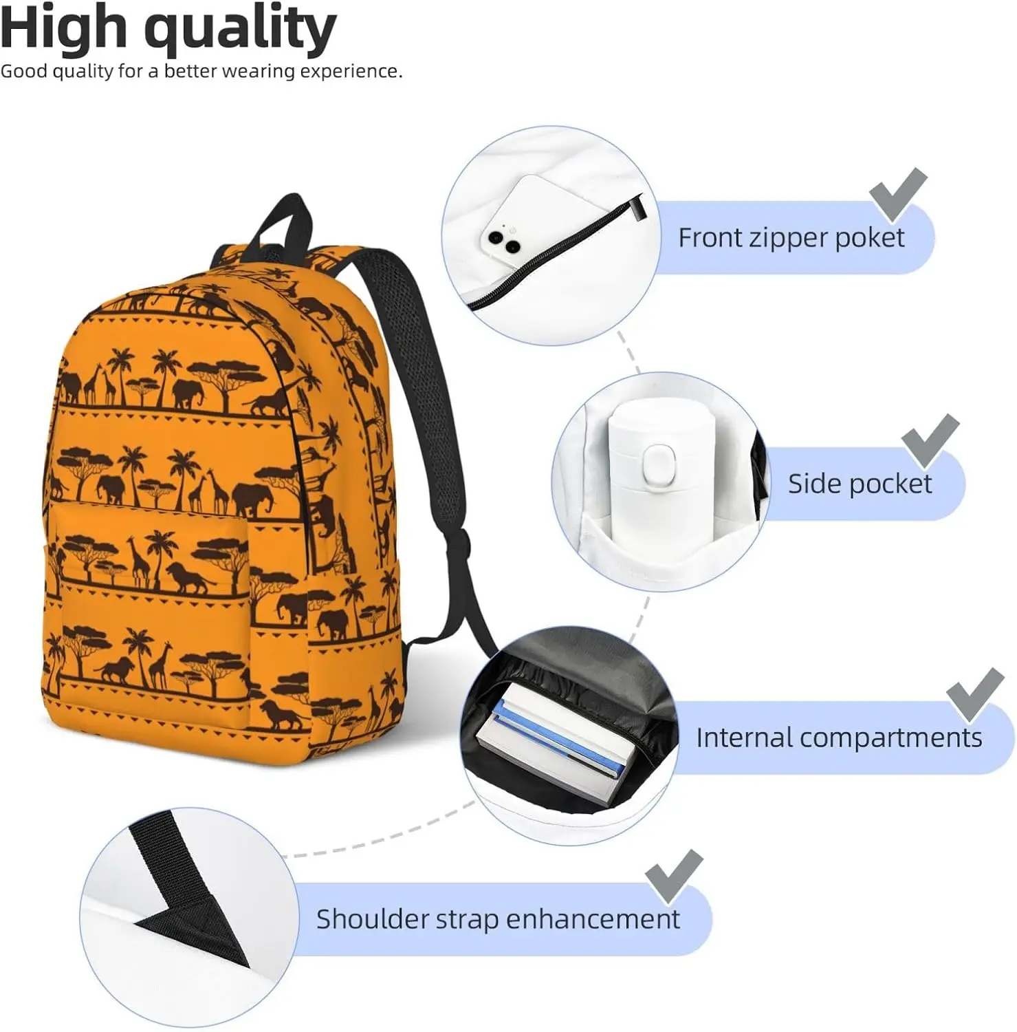 African animals Fashionable canvas backpack, lightweight casual, fit for multi-functional daily travel bags