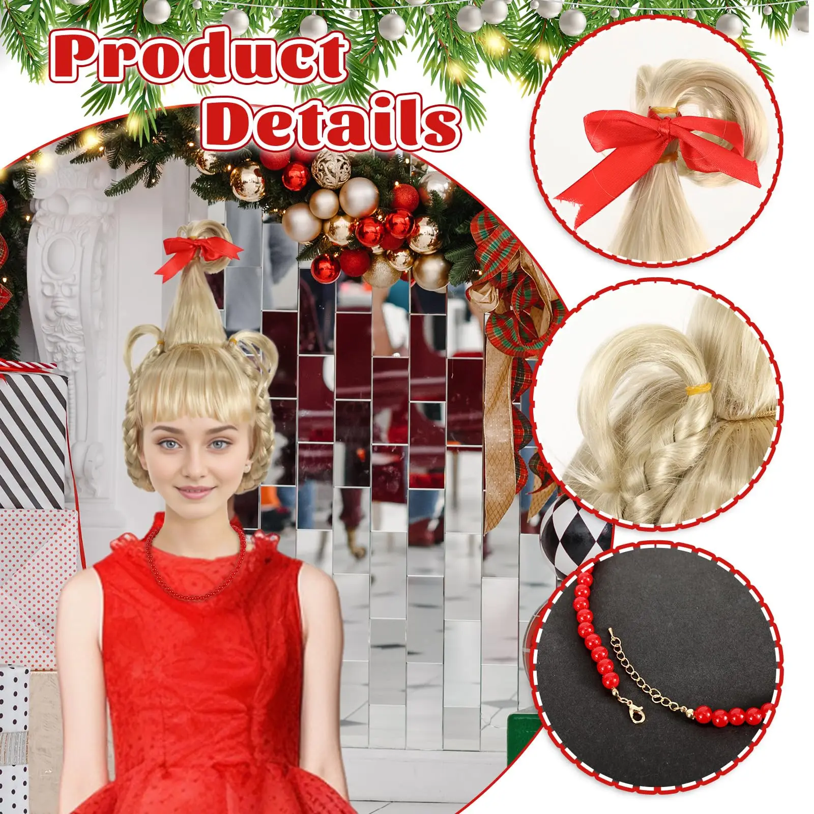 Cindy Lou Who perruque pour adultes filles Blonde tressée perruque arc collier Halloween noël Cosplay accessoires de déguisement
