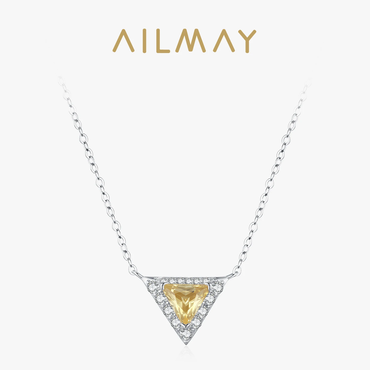 Ailmay 925 Sterling Silver Simple Geometry Triangle Pendant Necklace For Women Fashion Gold Yellow Zircon Christmas Jewelry