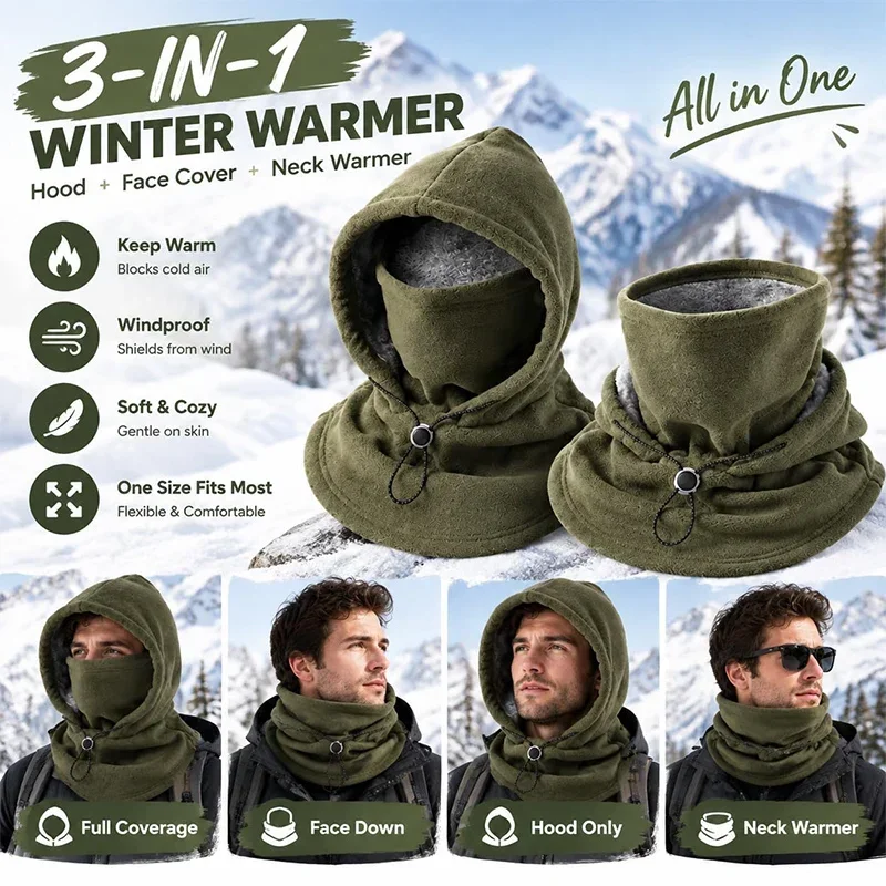 Unisex Thick Fleece Lined Winter Balaclava Hat Windproof Full Face Mask With Ear Neck Cover Adjustable Drawstring Thermal Hood