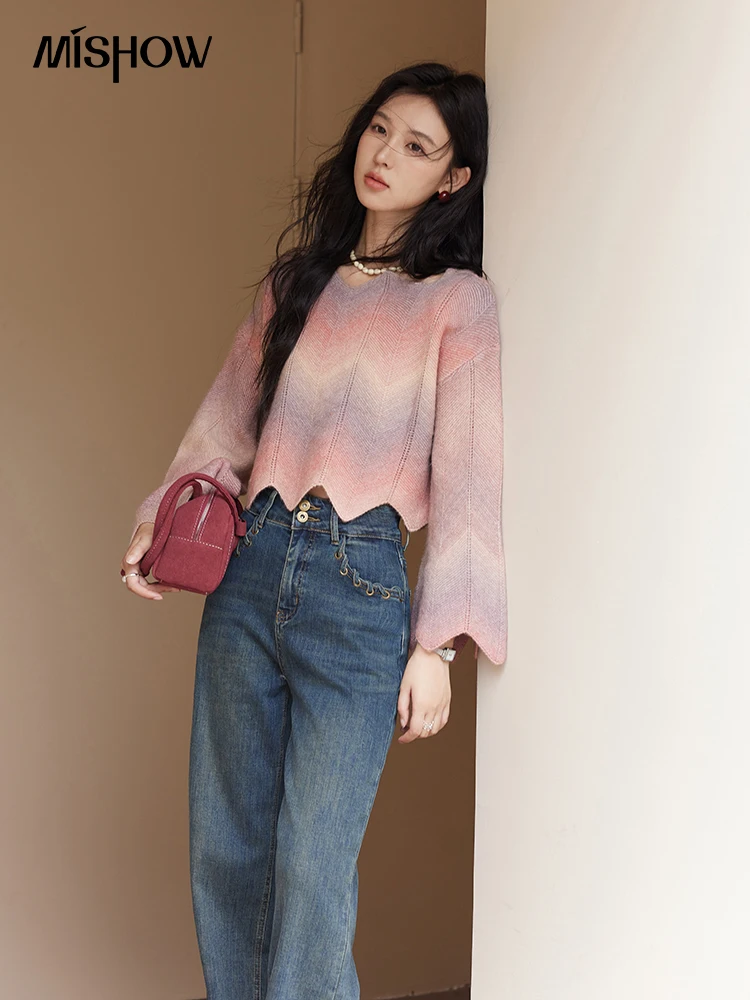 MISHOW Colorful Gradient Sweater Women Sweet O-Neck Flared Sleeve Top Fall French Elegant Short Long Sleeve Knitwear MXD48Z0947