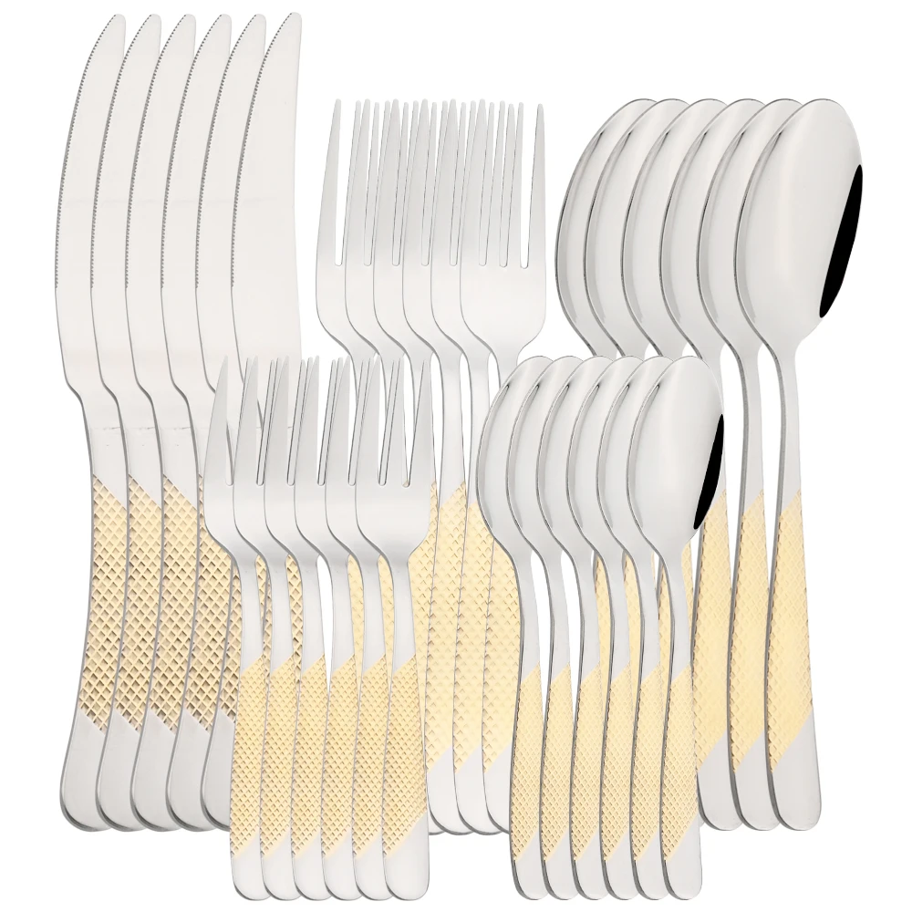 Drmfiy Luxury Cutlery 6/30Pcs Fork Spoon Knife Set Elegant Gold Stainless Steel Dinnerware Set Tea Spoon Kitchen Silverware Set