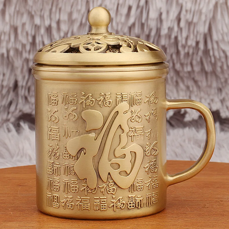 

Brass Hundred Blessings Tea Cup Office Home Large Fortune Character Water Cup Lid Rotatable Tea Jar Metal Ornament Craft
