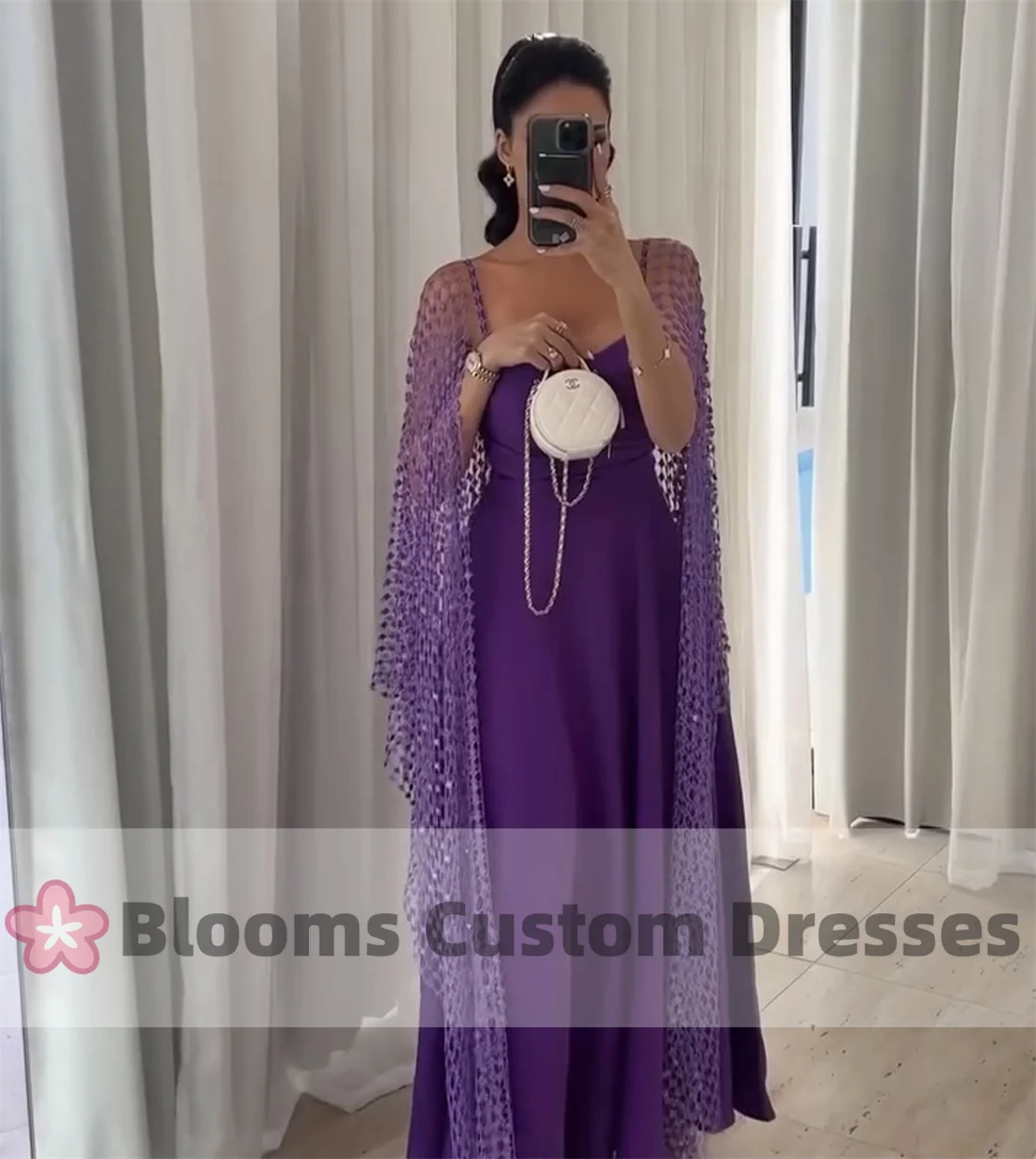 Blooms Customized Purple Chic Sequins Net Cape Prom Dresses For Special Occasion Pleated Party Gown A-line Evening Dress