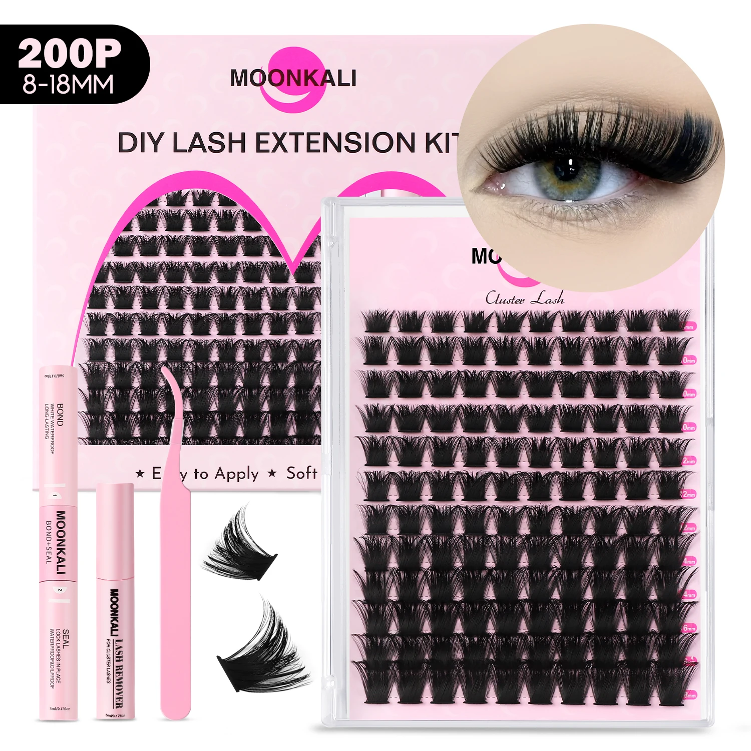 MOONKALI Zestaw do samodzielnego przedłużania rzęs, rzęsy pojedyncze, rzęsy objętościowe, zestaw mieszany, pełny zestaw rzęs z klejem i utrwalaczem, do makijażu w domu
