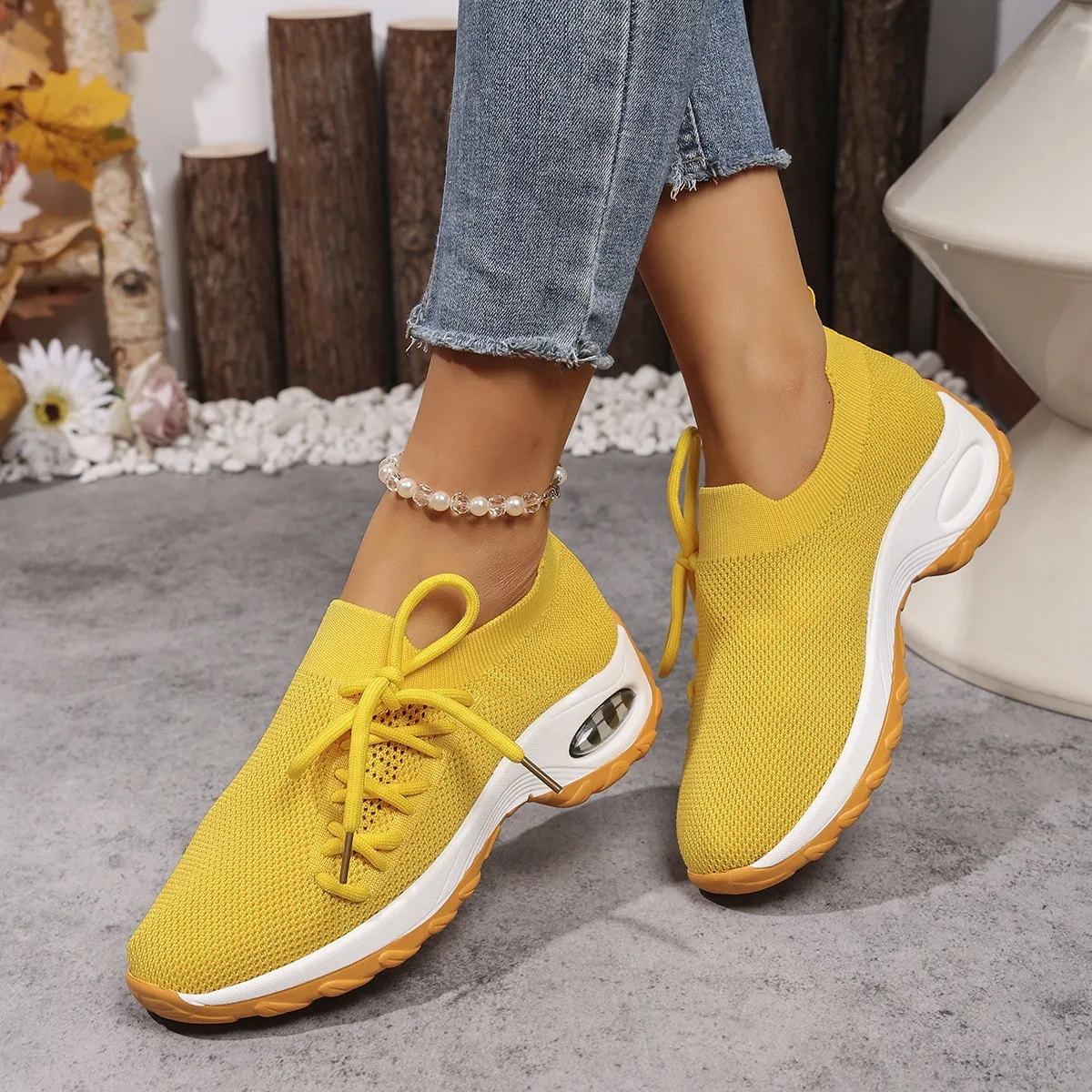 Damskie sneakersy na platformie, buty do biegania z grubą podeszwą i amortyzacją, dzianinowe, siateczkowe, sznurowane buty sportowe, damskie buty do chodzenia.