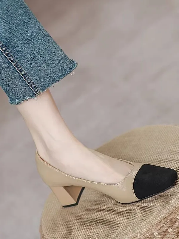 Color Block High Heels Women's Soft Leather mid Heel Chunky Fashion Single Shoes Spring Autumn New Style Comfortable Slip-On