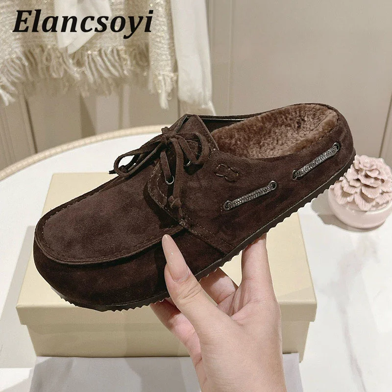 Flat shoes women with beaded suede toe cover half slippers thick sole real fur lining casual shoes outdoor comfortable slippers
