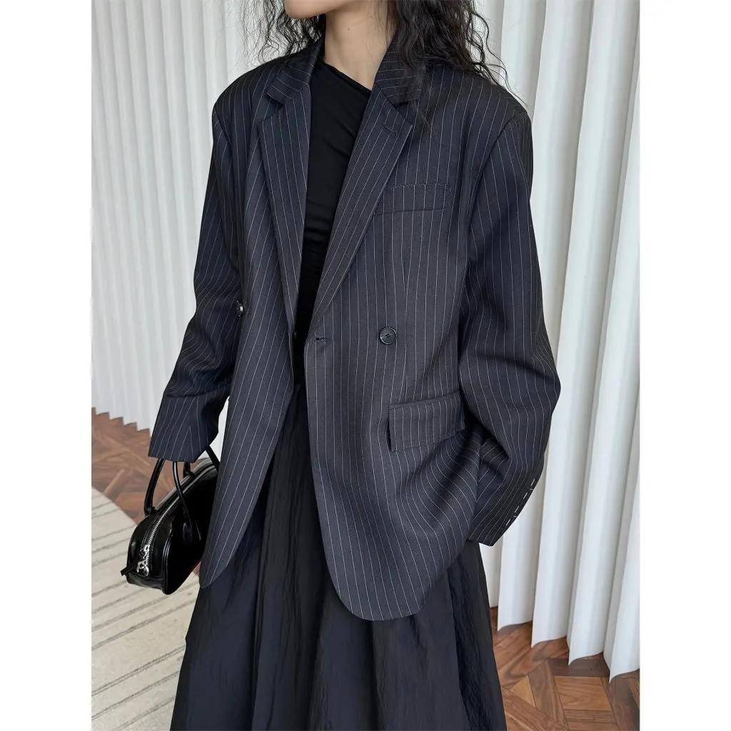 

Women's Korean Style Slimming Striped Suit Jacket Casual Fashionable Design Wide Shoulder Laps Spring New