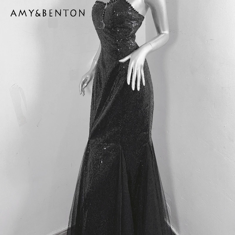 

Original Punk Dark Design Sexy Hot Girl Women's Clothing Gothic Sparkling Sequin 3D Decor Floor-Length Mermaid Dress Gown Ladies