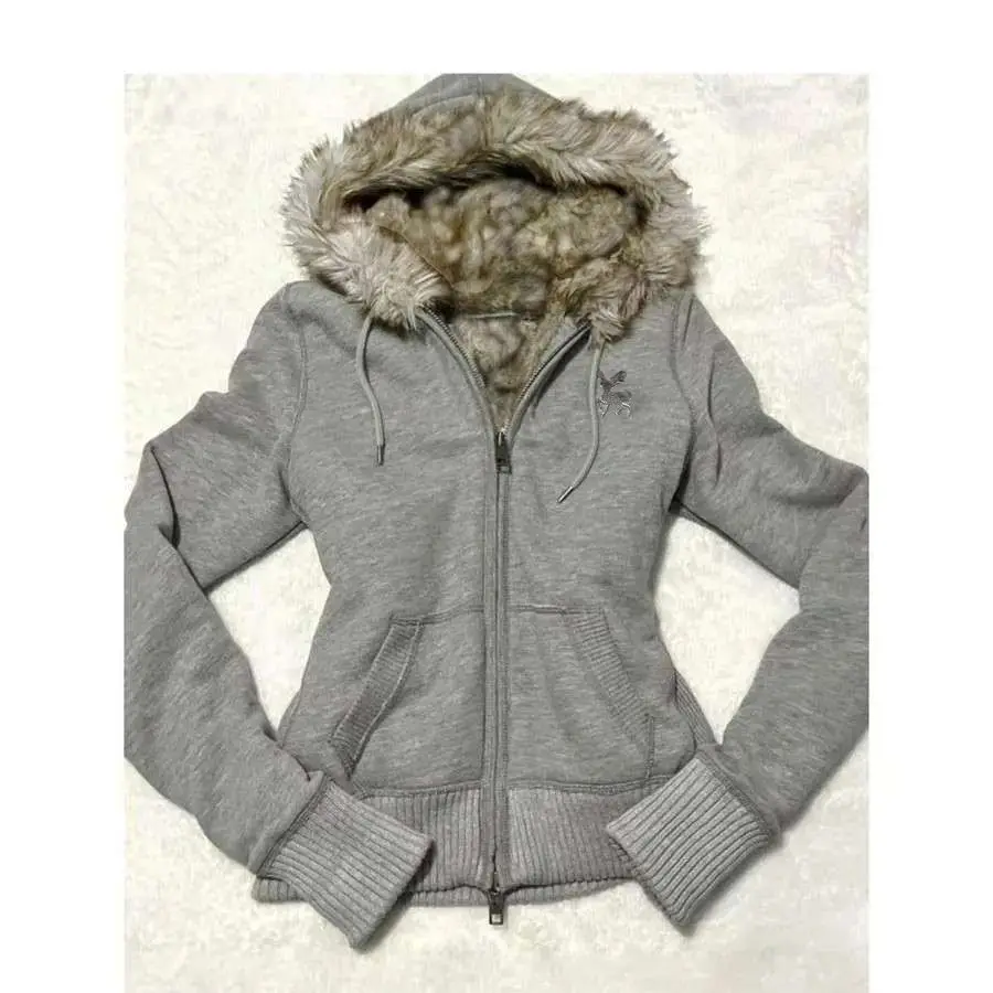 Y2K Rock Punk Motorcycle Jacket Grunge Long-sleeved Fleece-lined Hooded Sweatshirt Jacket Subculture Slim Top Zipper Short Tops