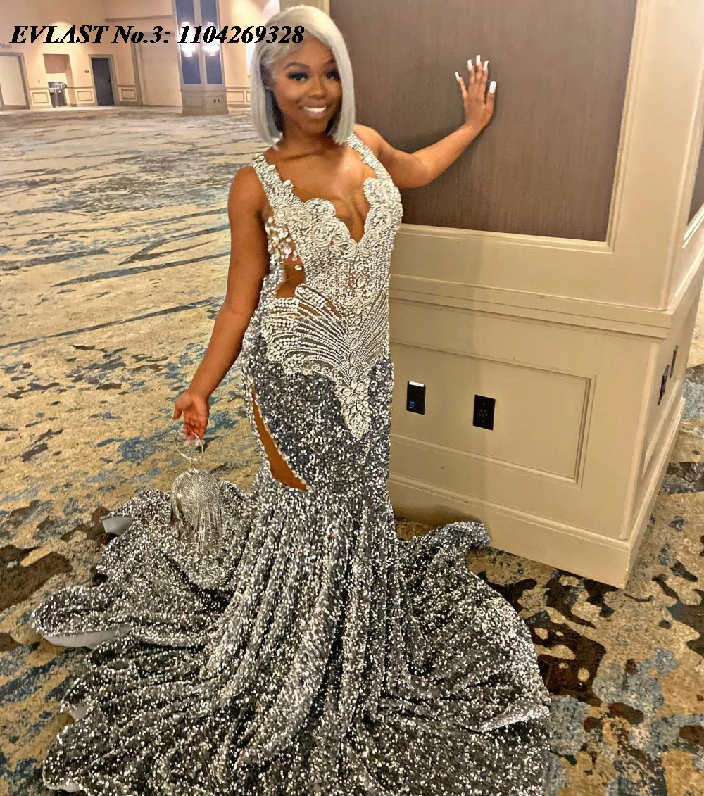 EVLAST Customized 2025 Silver Sequins African Mermaid Prom Dress Black Girls Rhinestone Beaded Formal Evening Party Gown E3P235