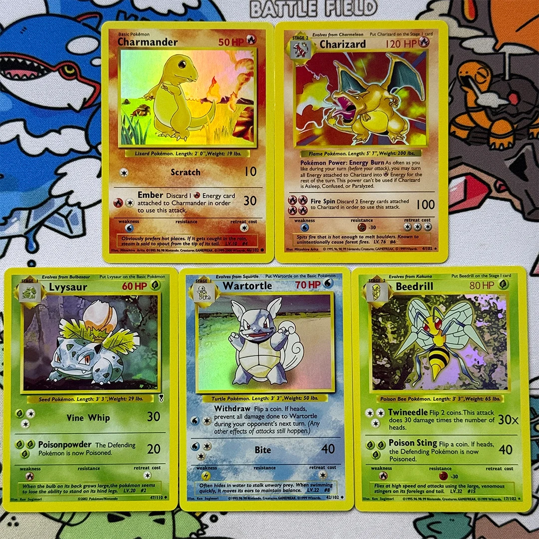 Jogo de Proxy em Inglês 1999 P.M. # 4 Cartas Colecionáveis Charizard-HOLO Shadowless Feitas à Mão Charmander Lvysaur Wartortle Beedrill PTCG