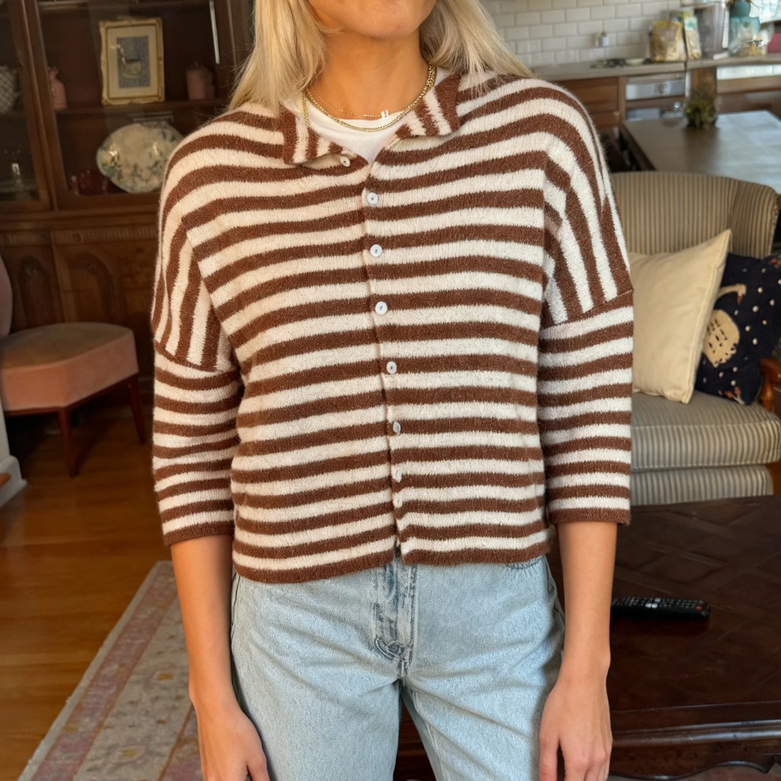 y2k Maglioni lavorati a maglia aperti sul davanti con girocollo estetico vintage per donna Top cardigan casual con bottoni a maniche corte a righe estive