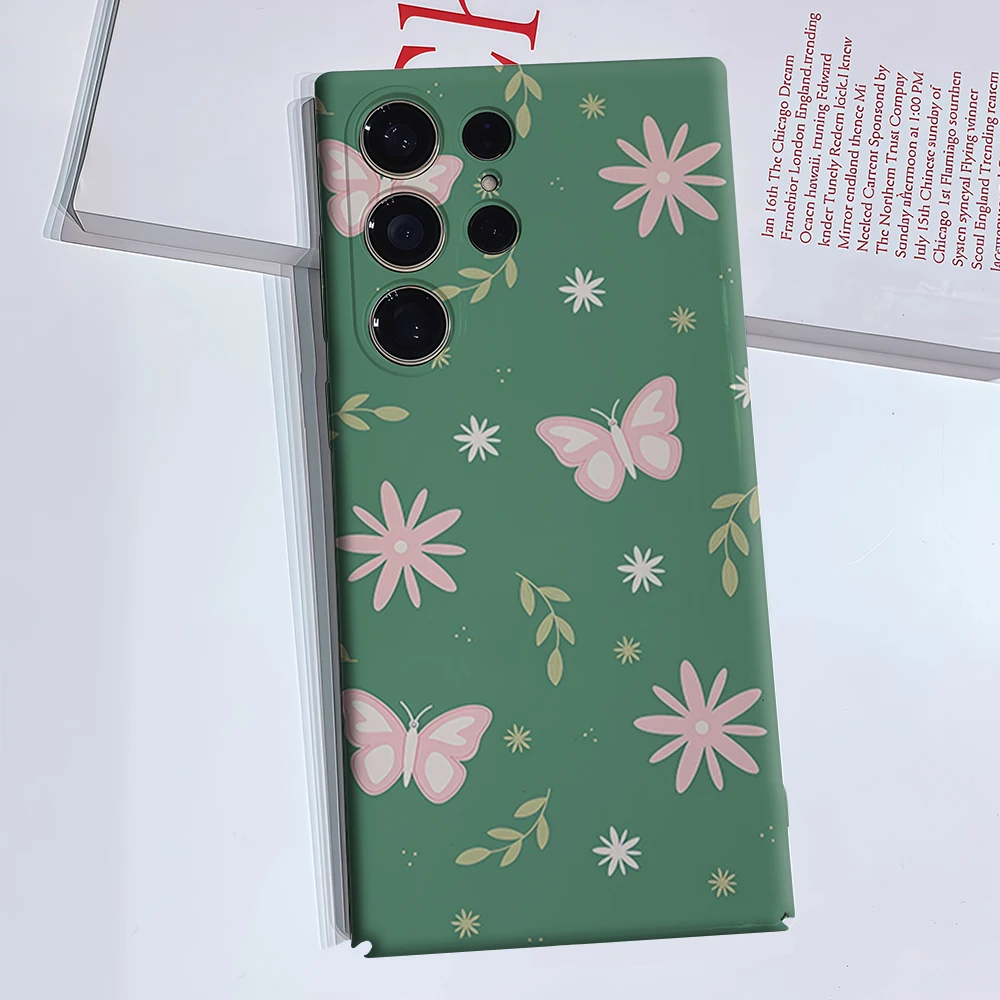 Sage Green Pink Butterfly Phone Case for Samsung Galaxy S26 S25 Ultra S24 S23 Ultra Plus Glossy Double-layer Back Cover