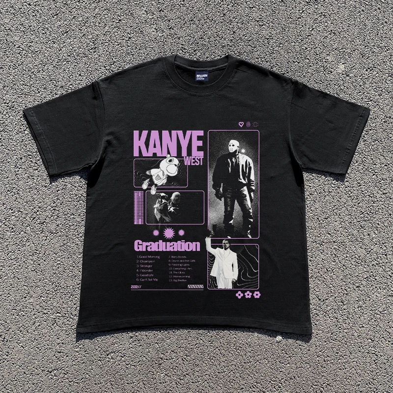 

Новинка 2025 года, футболки с рисунком репера Kanye West, хлопковые футболки в стиле хип-хоп для мужчин и женщин, топы, уличная одежда, футболки с графическим рисунком
