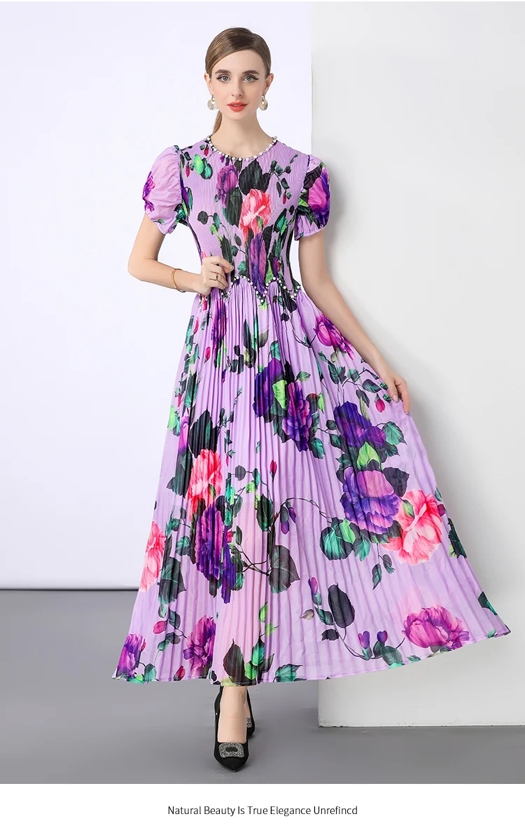 Sukienka wieczorowa z elastycznym pasem, kwiatowy wzór, dekolt okrągły, bufiaste rękawy, długa do podłogi, sukienki imprezowe dla kobiet, stylowa sukienka w kształcie litery A SL208