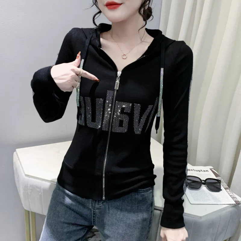 #8384Black Grey Women Hoodies Sweatshirt Tops Pullovers Diamonds Letters Slim Streetwear Short Hoodies Woman Zipper Korean Style