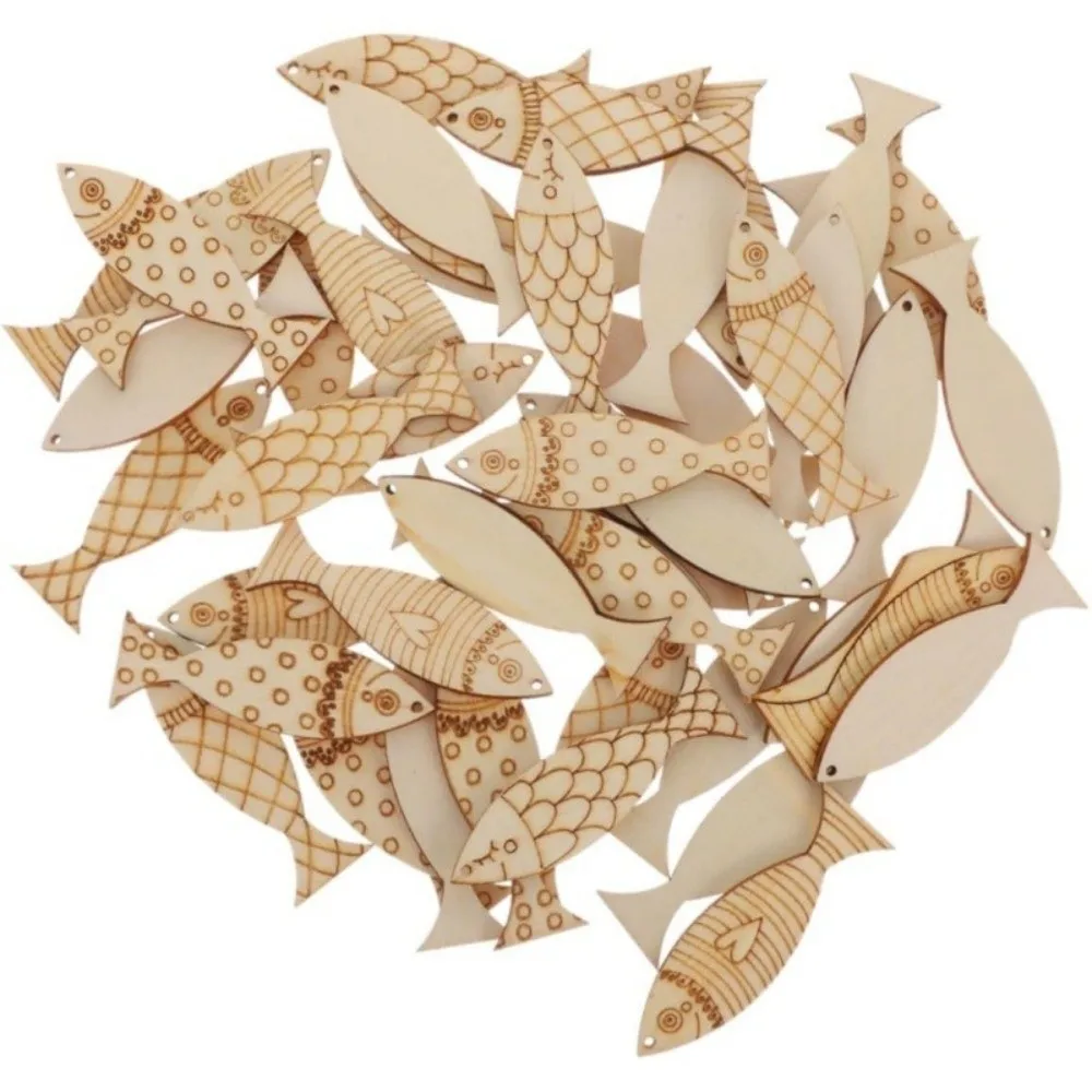 40PCS Blank Wooden Fish Cutouts Sea Animal Unfinished Painted Fish Ornaments Rustic Hand Carved Fish Shape Wood Slice Crafts