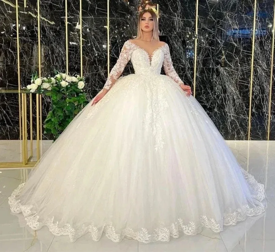 Vestido De Novia personalizado con Apliques De encaje, Vestido De Novia De manga larga con cuello en V, cola De barrido, Vestido De fiesta De princesa, vestidos De Novia