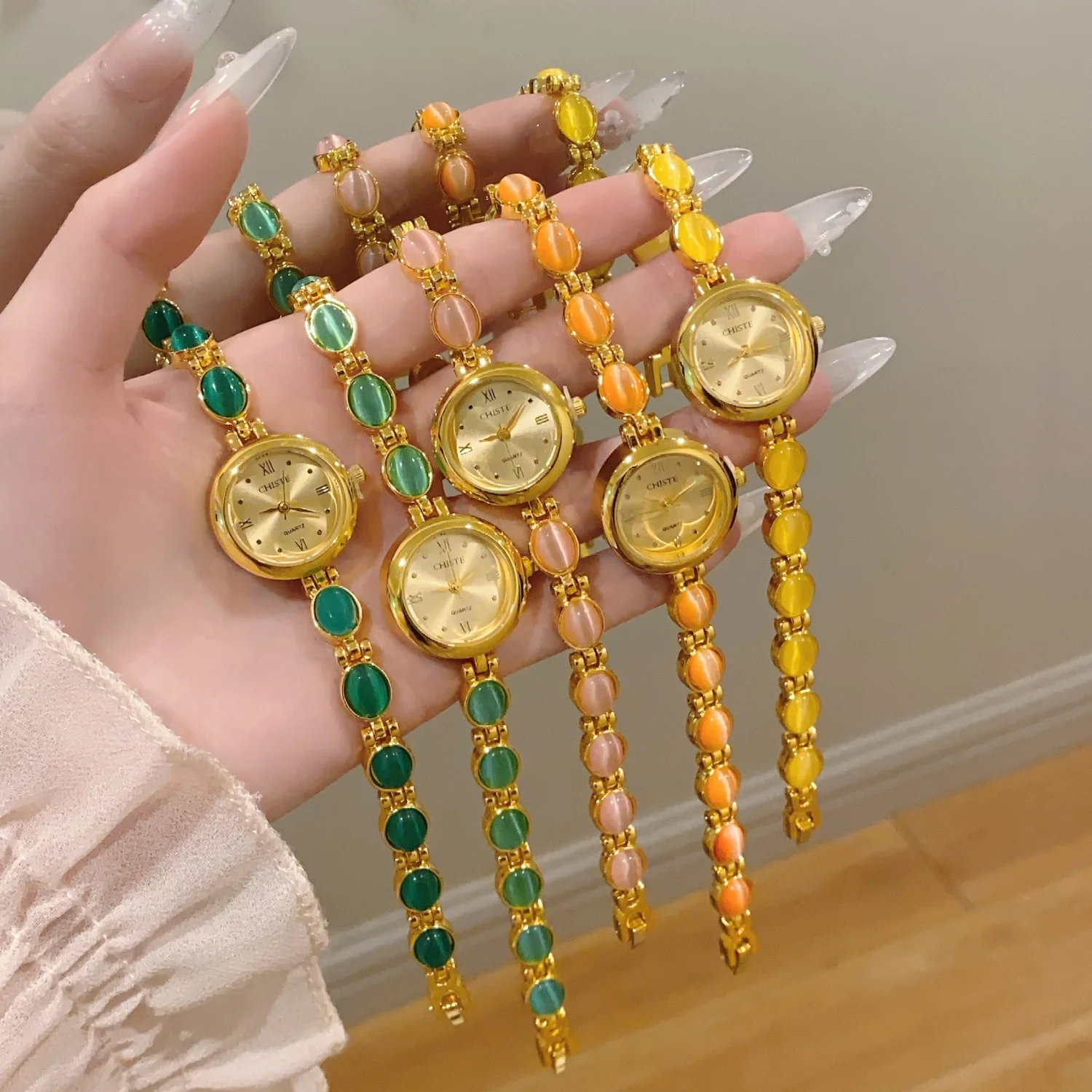 

Colorfuled Gemstones Gold Bracelet Watches Women Ladies Fashion Jewelry Dress Watch Quartz Wristwatch Gifts Relógio Feminino