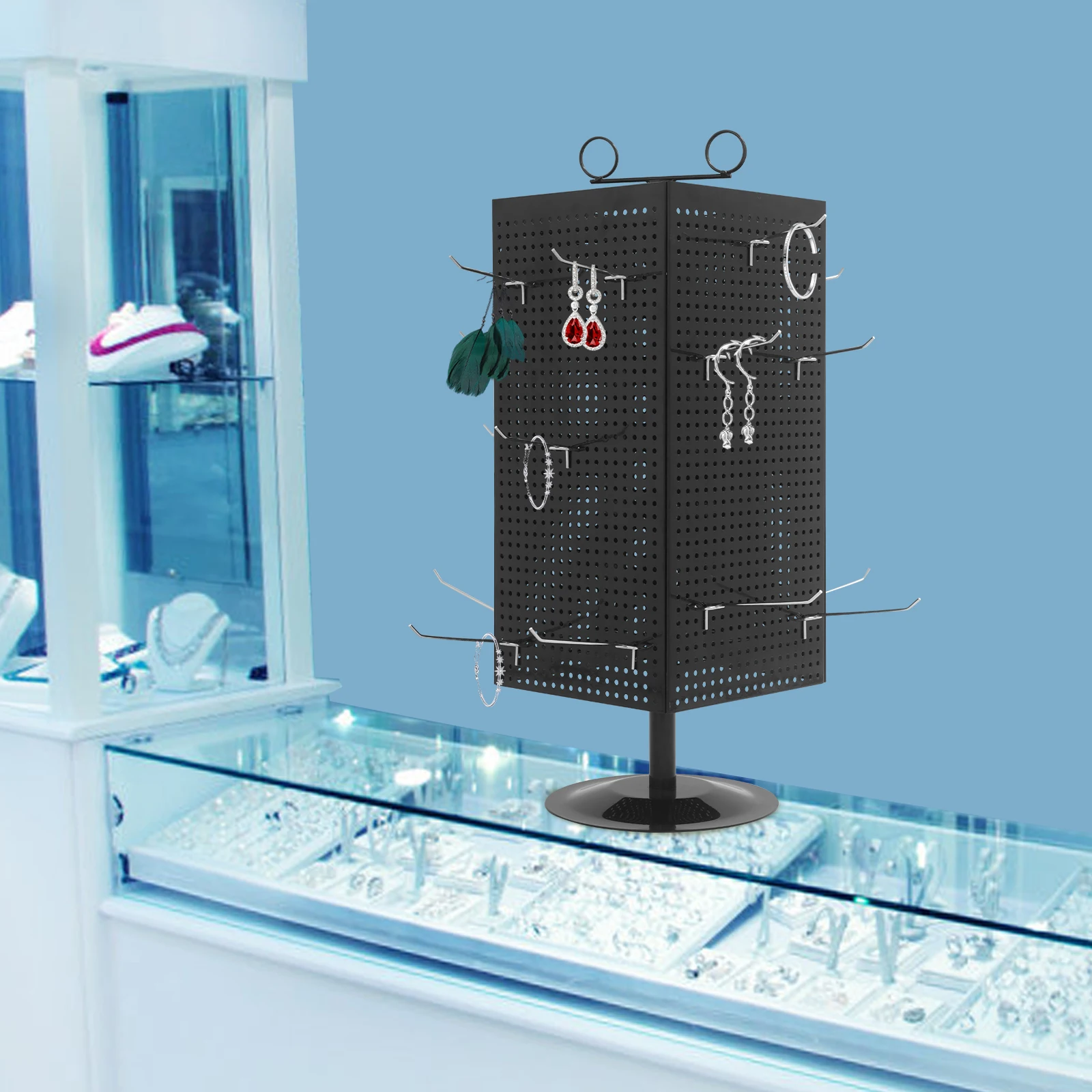 4 Sided Rotating Perforated Display Stand with Hooks Countertop Spinner Rack for Retail Stores Keychains Jewelry Tools Black