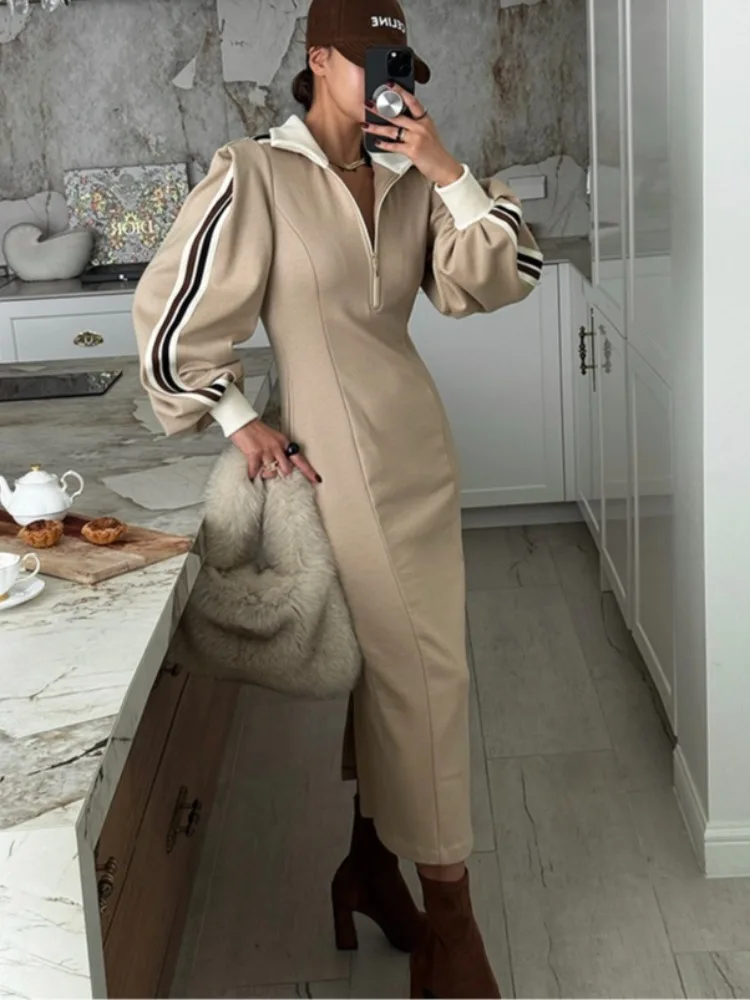 Retro Striped Color Blo Hoodie Dr Women's Winter New f Zipper Wrap Long Skirt Korean Sle Casual Streetwear