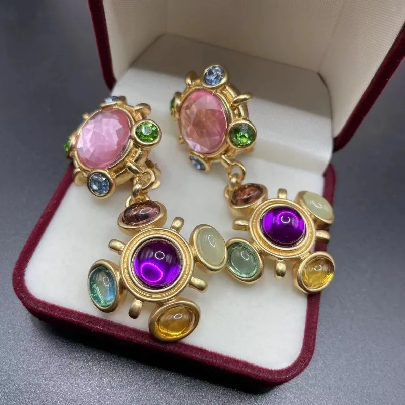 

Vintage Luxury Colored Gemstone Women's Earrings Designer High Quality Natural Stone Gold Plated Earrings for Women