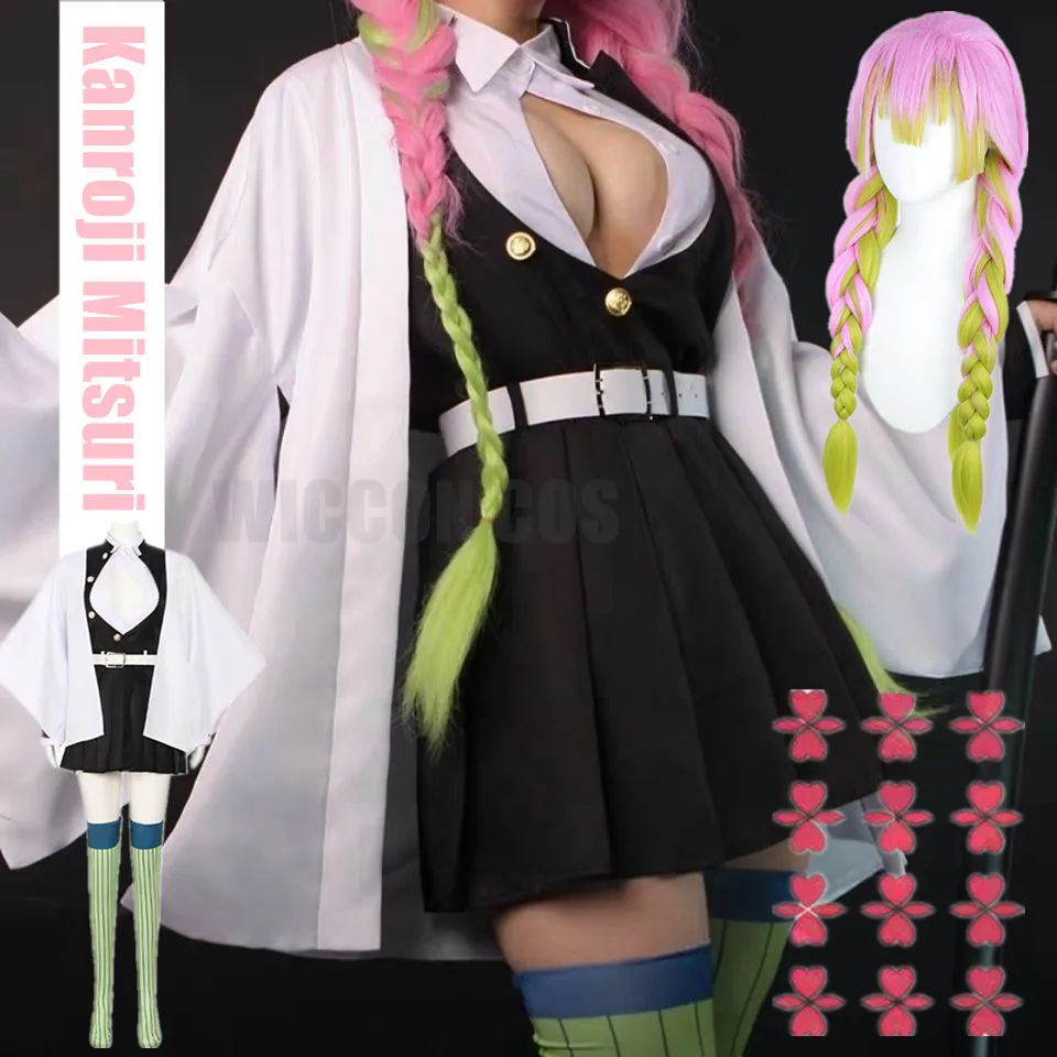 Anime DemonSIayer  Kimono Kanroji Mitsuri Cosplay Costume Kisatsutai Sexy Clothes Tattoo Sticker Women Halloween Costume Wig