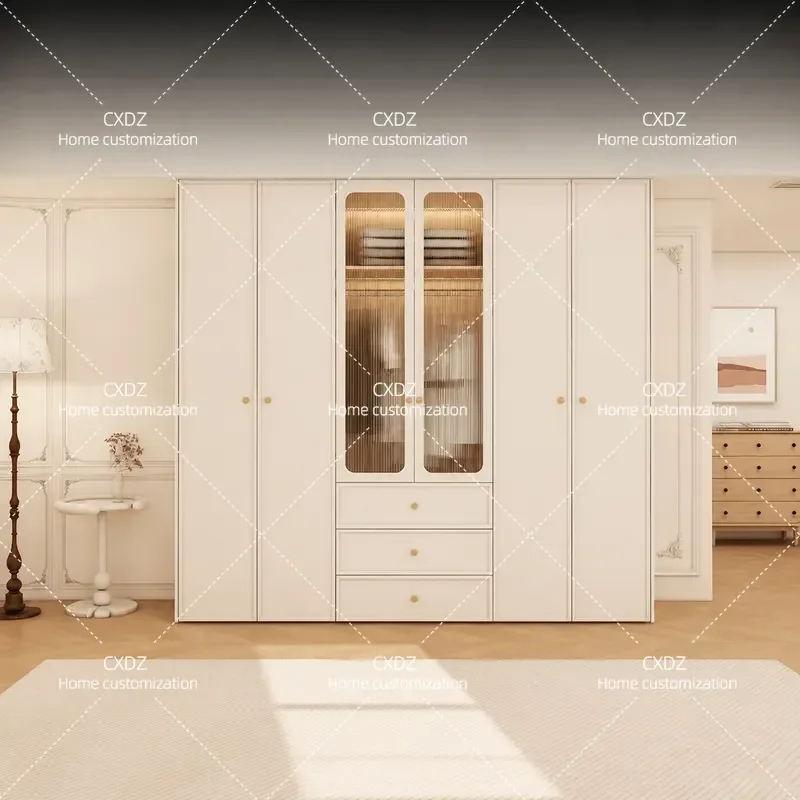 Cream Style Solid Wood Wardrobe 1 Door Floor to Ceiling Bedroom Storage Cabinet Customizable Home Furniture