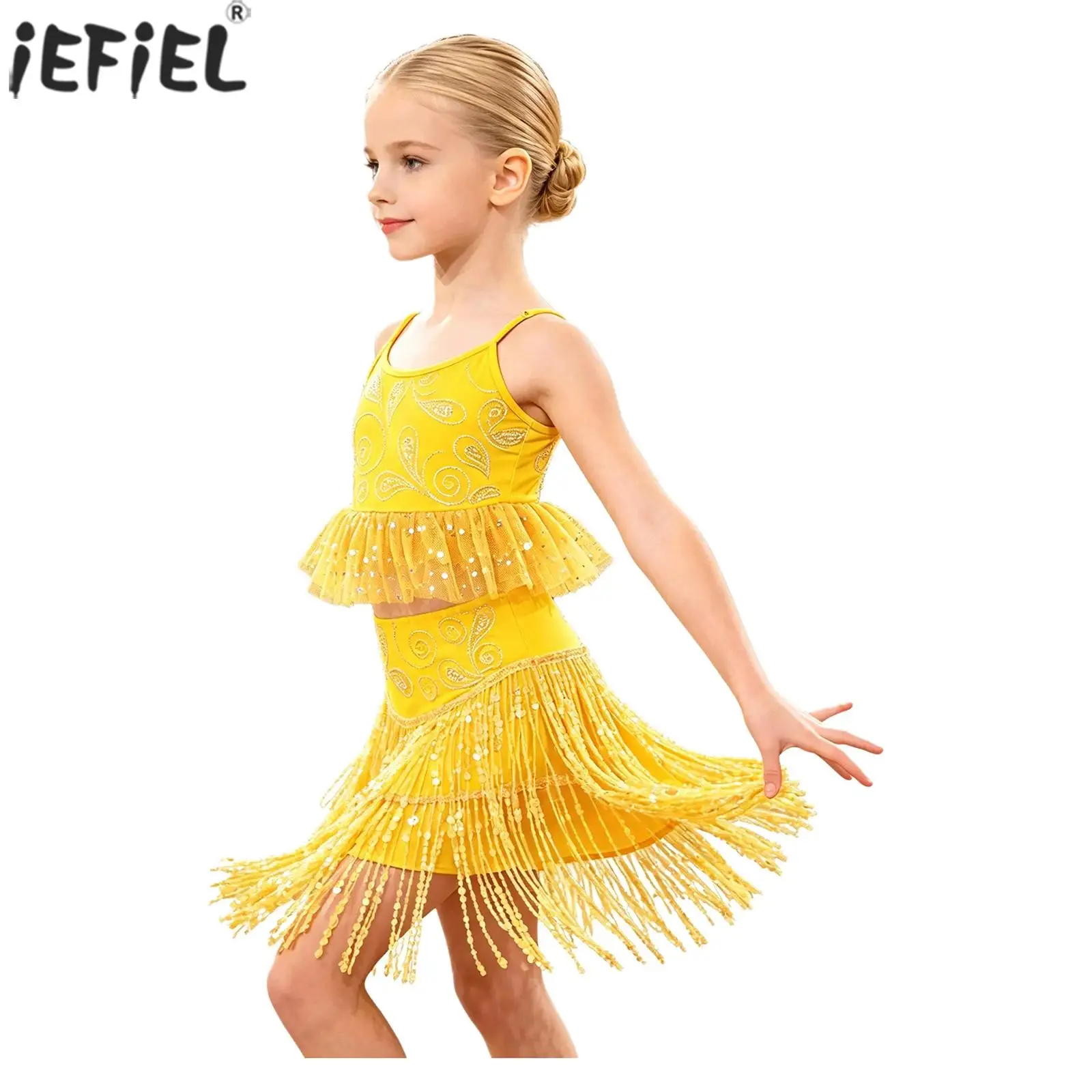 Kids Girls Tassels Latin Jazz Dance Outfit Spaghetti Straps Rhinestone Tulle Peplum Top with Sequin Skirt for Tango Rumba Salsa