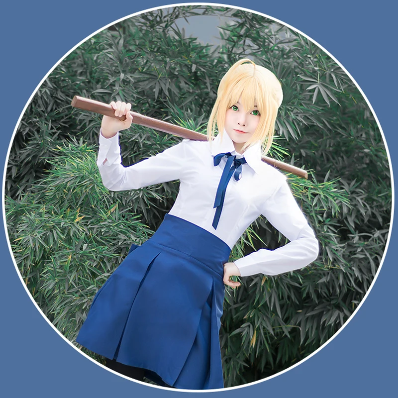 Anime Game Fate Stay Night Saber Altria Pendragon Cosplay Costume parrucca gonna blu uniformi vestito donne Halloween Party Outfis parrucche