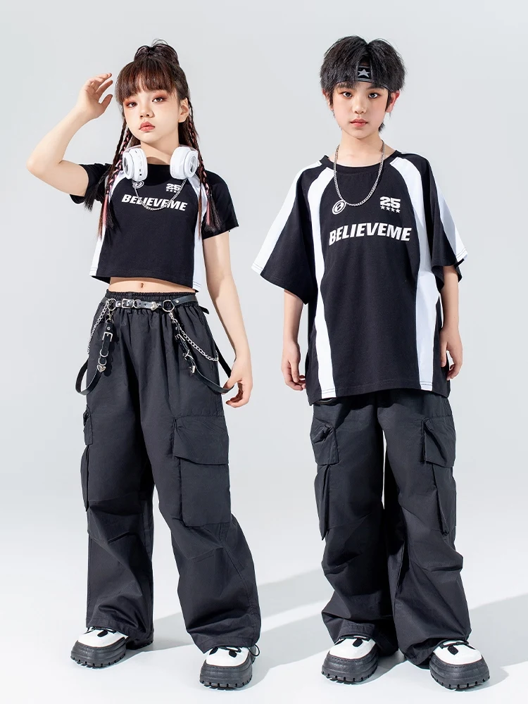 2024 Black Hip Hop Dance Costume Short Sleeves Jazz Practice Clothes Girls Boys Cargo Pants Kids Stage Show Clothing BL12960