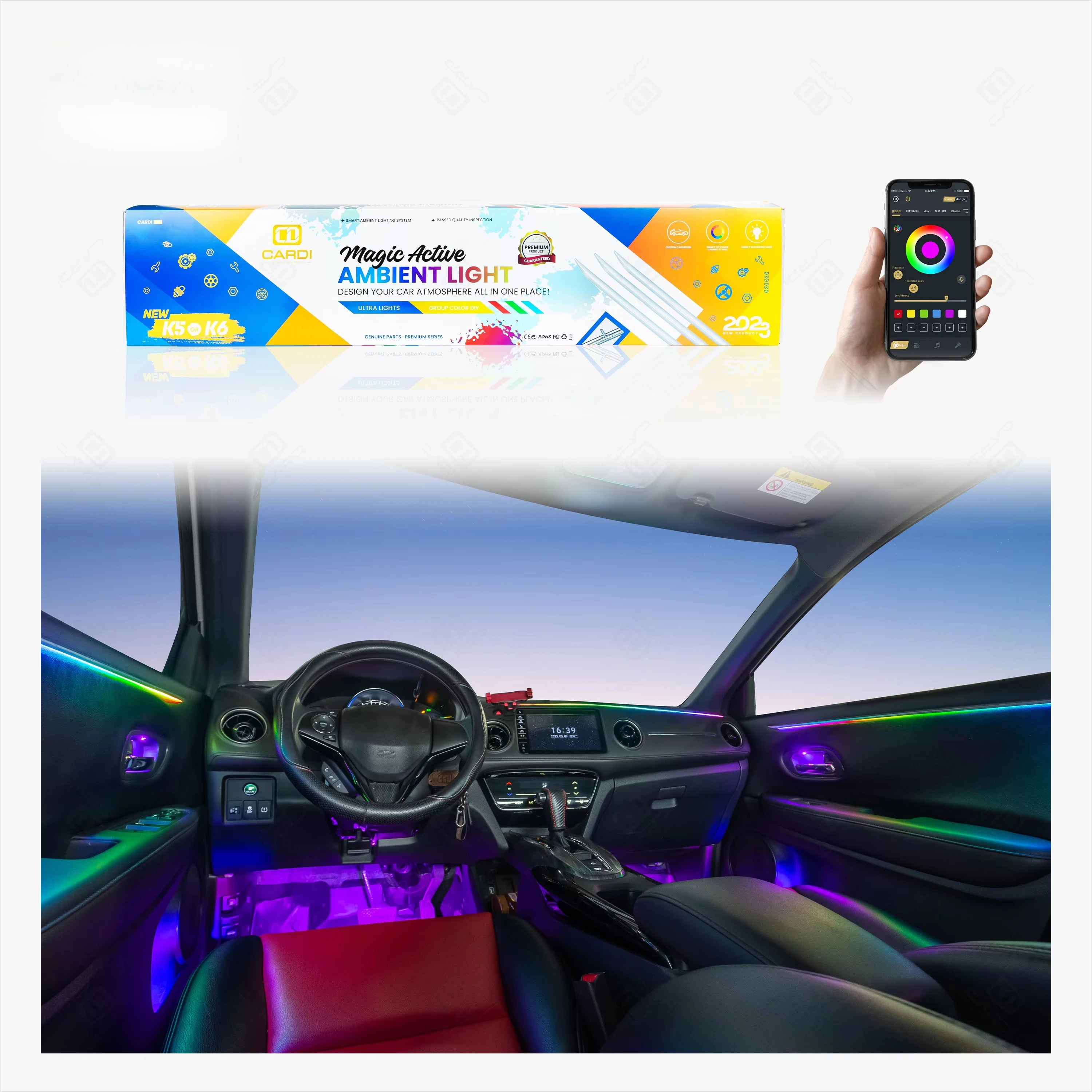 In Stock 'CARDI' K6 Smart Car Interior Ambient Light Kit With Flowing LED Effect And Silver Trim For Vehicles
