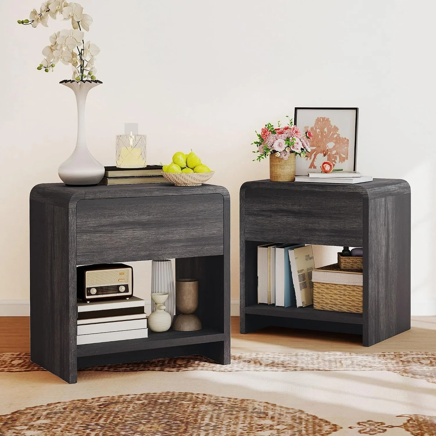 2PCS 24Inch Round Curved Top Modern Nightstands With Storage Drawer & Open Shelves Bedroom Bedside Tables, Customized