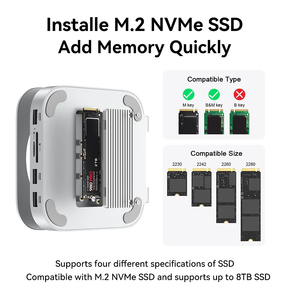 Mac mini USB C Hub with M.2 SSD Enclosure for Mac Mini M4/M4 Pro Stand Type-C Docking Station SSD Case USB3.2 Gen2 SD4.0 TF4.0