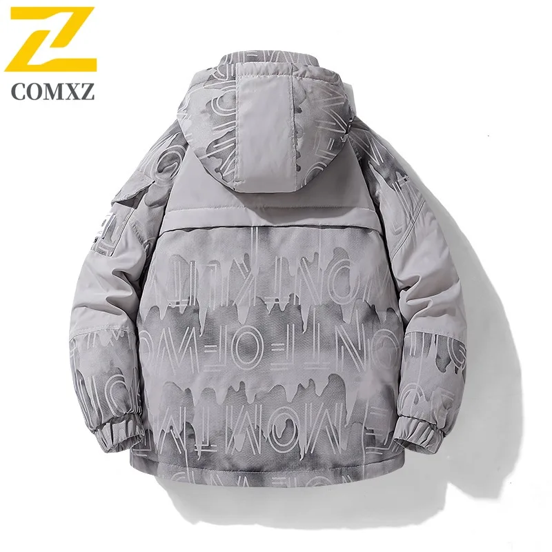 COMXZ 2025 New Winter Men Down Jacket Hooded Trend Thickened Thermal Mountain Patchwork waterproof and windproof outdoor Coat