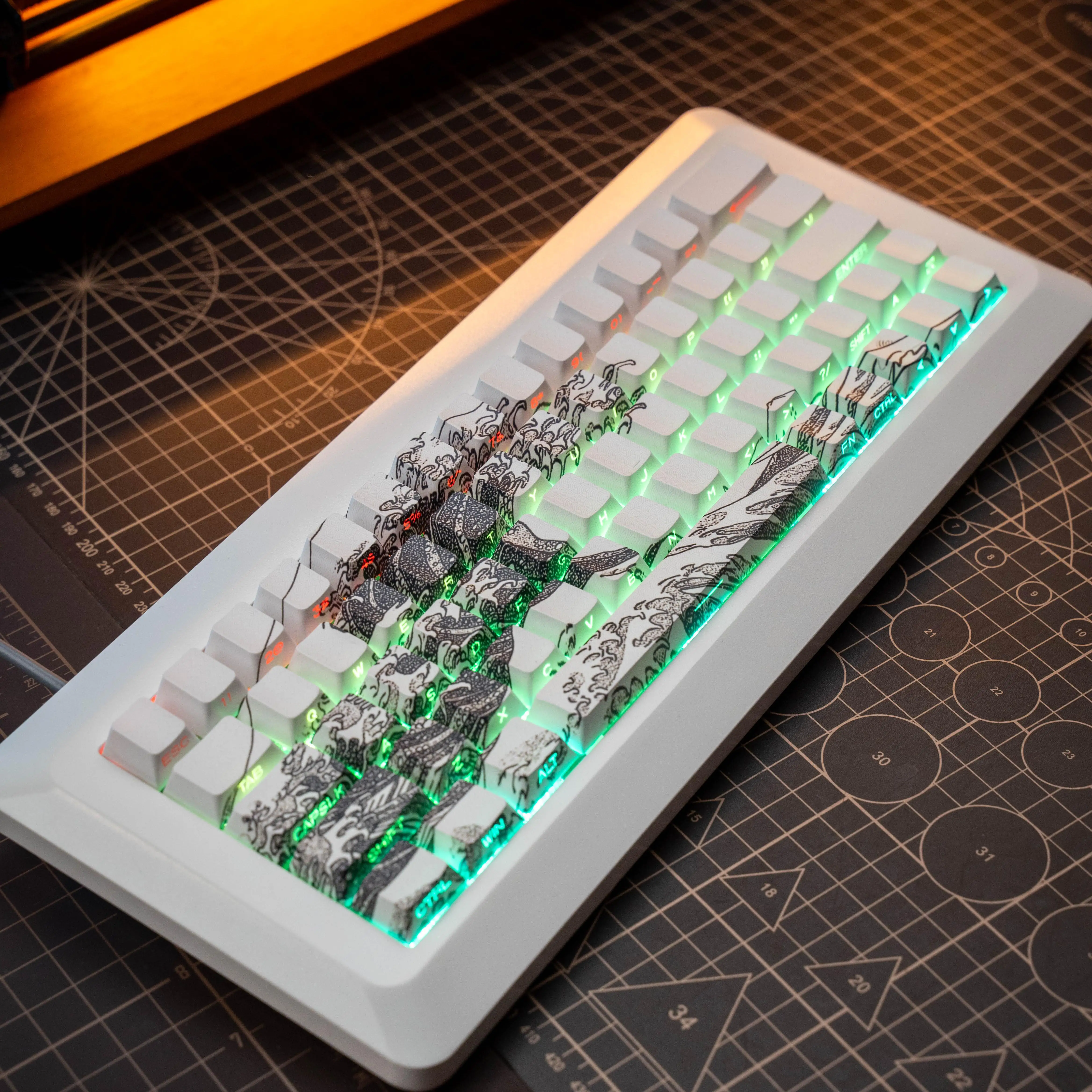 125Set Keycap Tembus Ukiyoe Coral Sea Gelombang Besar Off Kanagawa Cherry Profile PBT Dye-Sub untuk Keyboard Gaming Mekanis