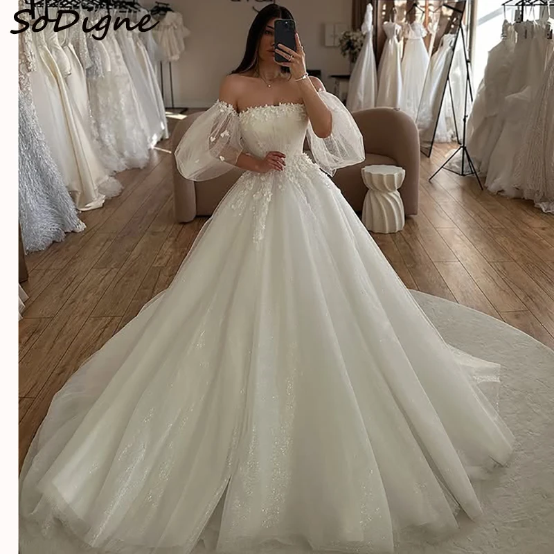 

SoDigne A-line Glitter Tulle Wedding Dresses Detachable Sleeves Appliques Bridal Dress Wedding Gown Robe De Mairee ﻿Customized