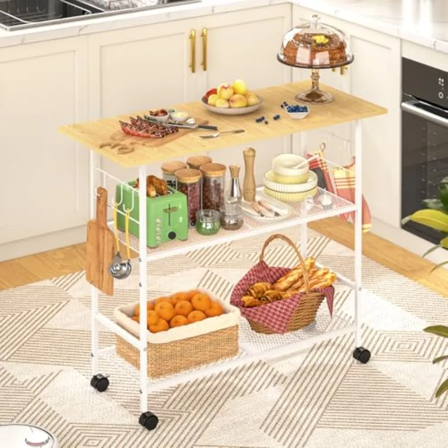 

Kitchen Island with 3 Shelves Rolling Kitchen Cart with 6 Hooks and Protective Shelf Microwave Stand on Lockable Wheels Bakers