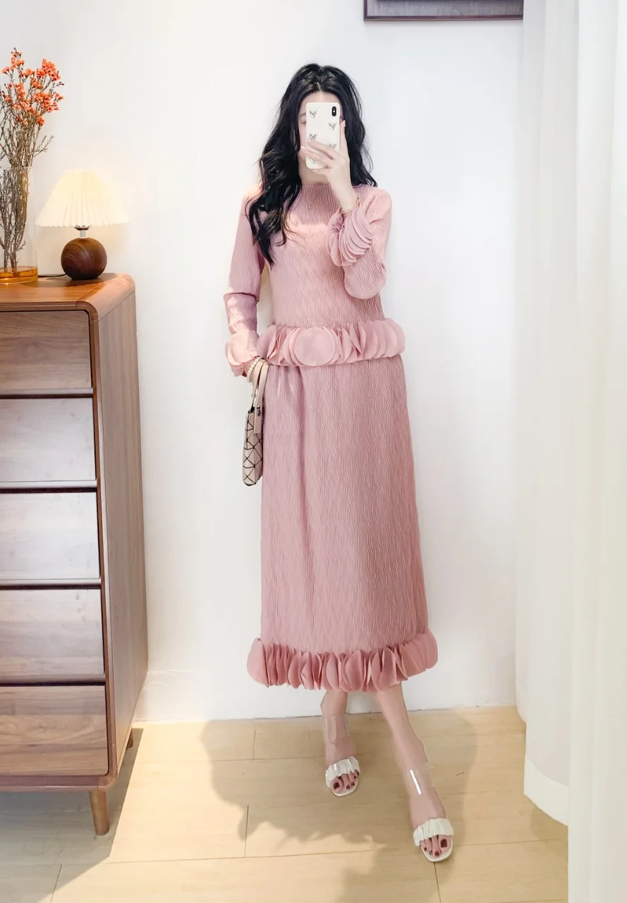 Top de manga de pétalo con cuello redondo + falda de medio cuerpo de Color sólido con cintura elástica conjunto de dos piezas Miyake 2025 novedad de verano traje de mujer