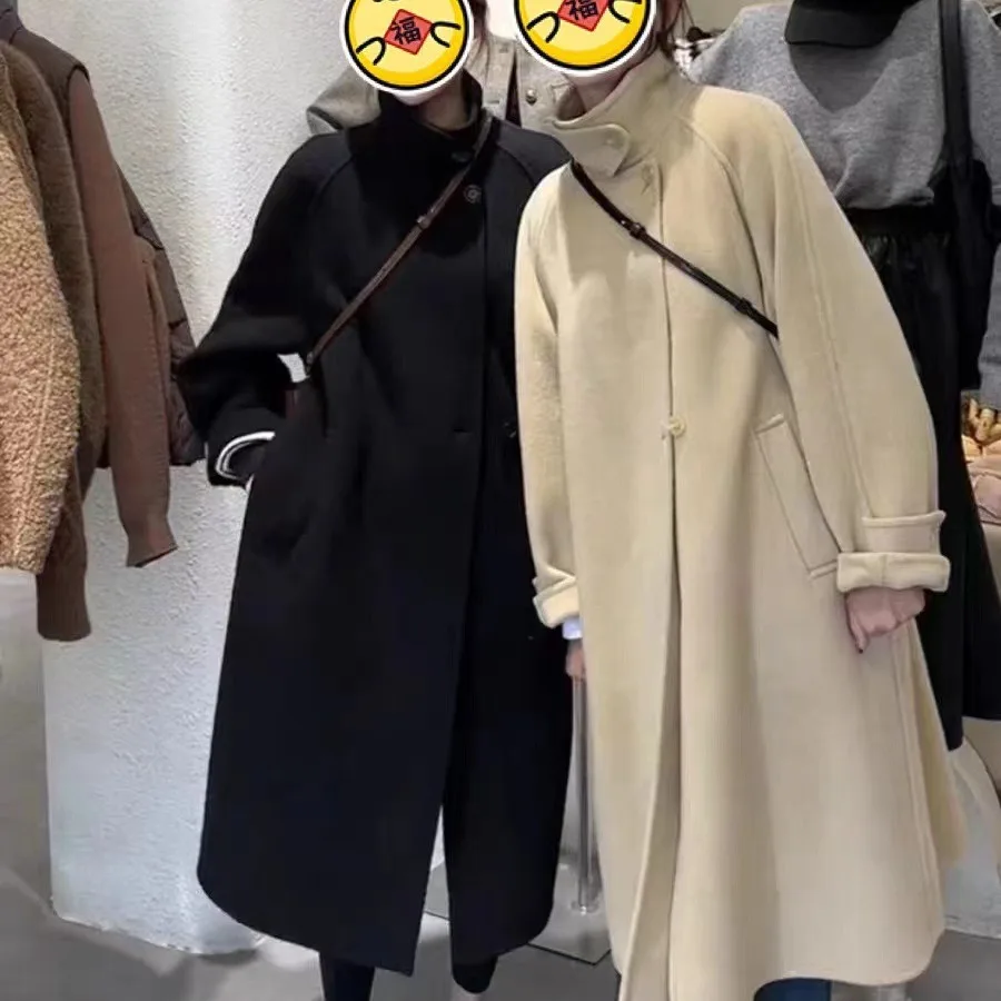 

New Double-sided Gray Wool Coat Women Clothing Winter Jacket Stand Collar Over Knee Outwear Thickened Warm Long Coats for Women