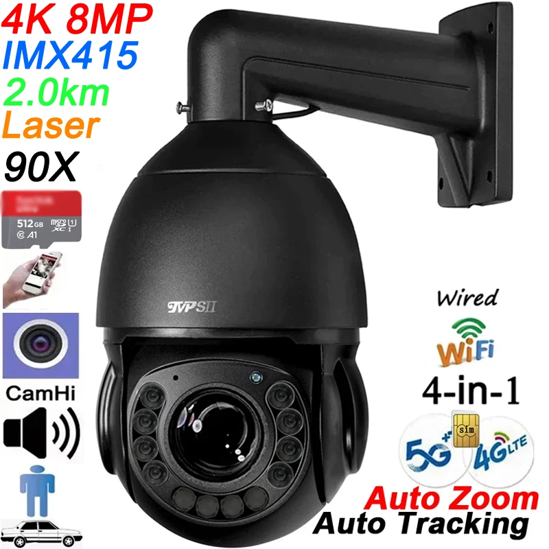 

Metal Laser Infrared Auto Tracking Cruise CamHi 8MP 4K 90X Optical Zoom Audio 360° Wifi 5G 4G Sim 4-in-1 PTZ Speed Dome Camera