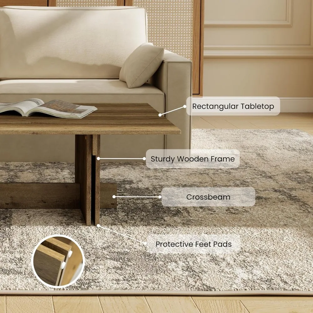 Mesa de centro moderna de 47 polegadas, grande mesa central retangular de madeira com base cruzada na sala de estar