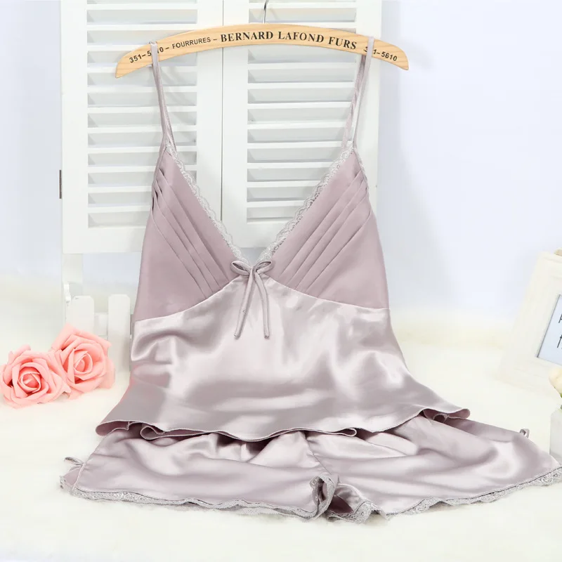 Sexy Cami&shorts 2Pcs Pajamas Suit Lace Trim Home Clothes Women Lingerie Nightgown Mini Sleepwear Pour Femme Pyjamas Outfit